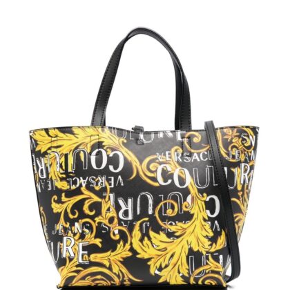VERSACE WOMEN Baroque Logo Print Reversible Small Shopping Bag Black/Gold USD196.00
